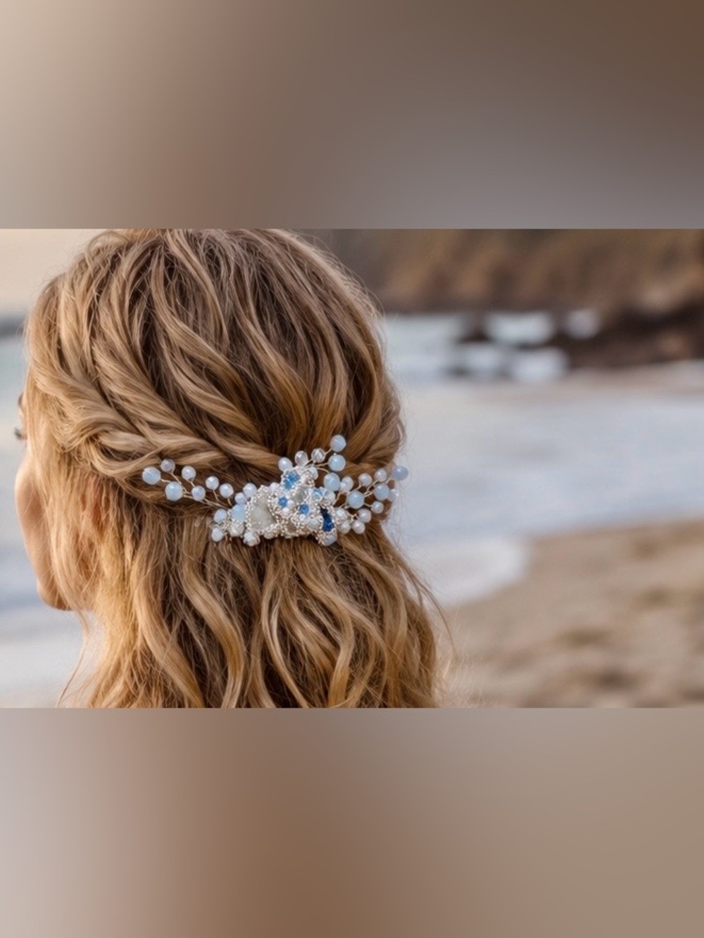 Handcrafted Blue and Pearl White Beaded Bridal Hair Comb